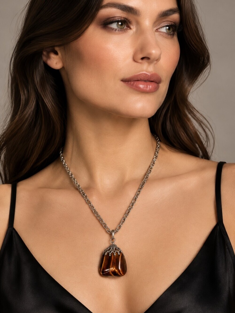 Tigers Eye Pendent on Beautiful Greek Key Style Chain